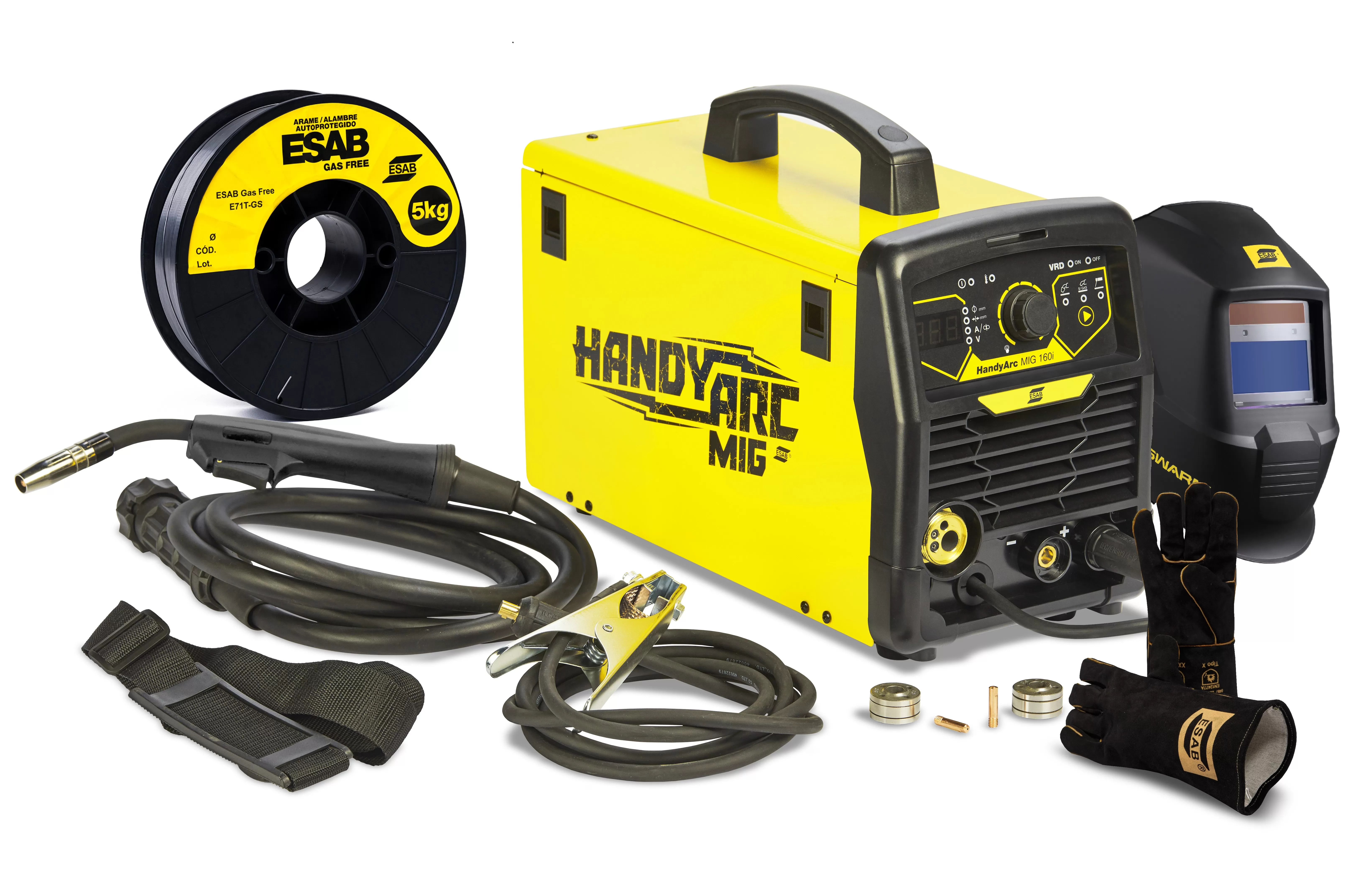 KIT Máquina de Solda Inversora HandyArc MIG 160i + Arame Mig Uso Sem Gás 1,0mm 5kg + Luva MD Black + Máscara Swarm A10