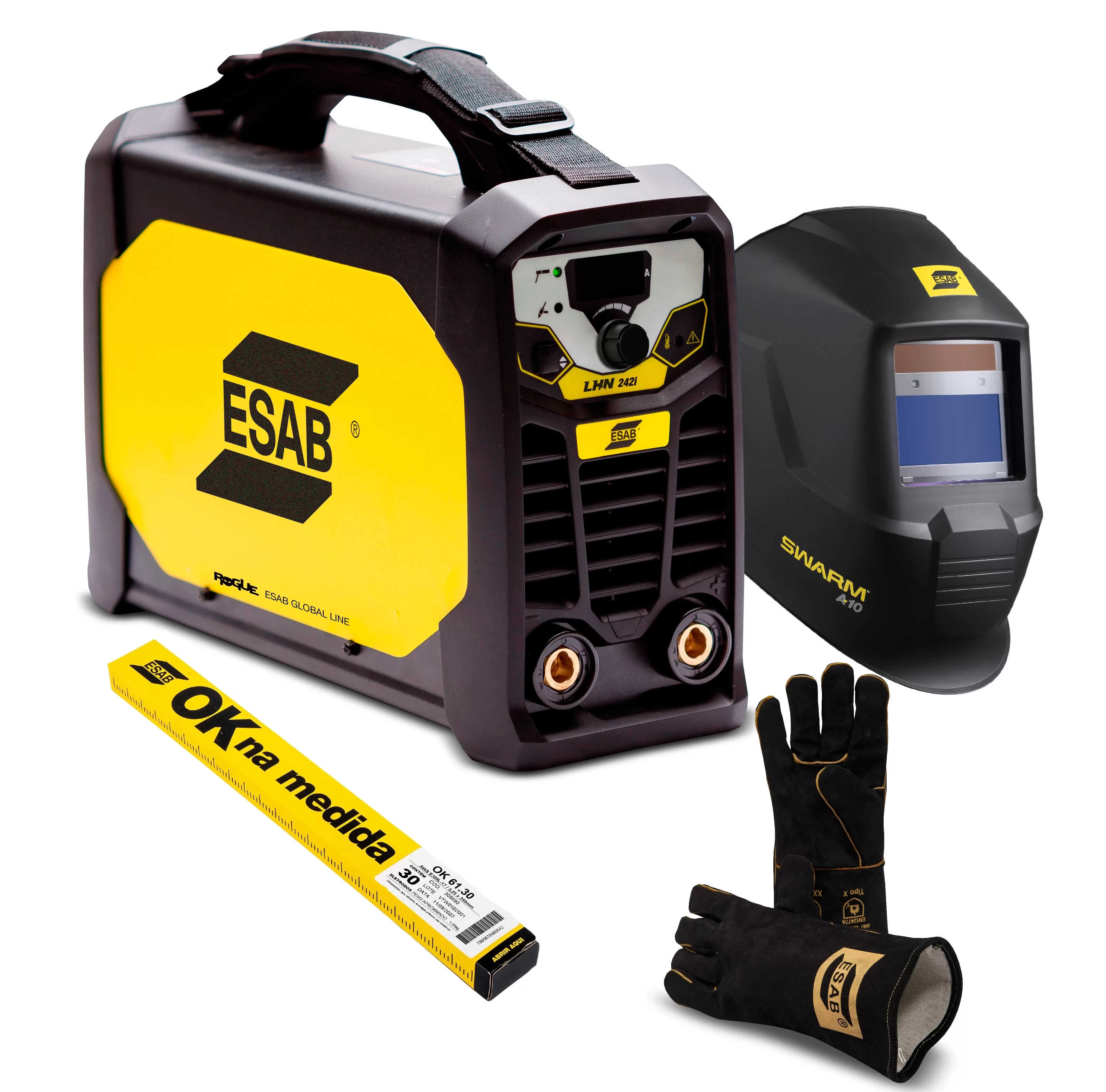 KIT Máquina de Solda Inversora ESAB Rogue LHN 242i + Máscara Swarm A10 + Luva MD Black + Eletrodo ESAB OK Na Medida - OK 61.30 E308-17 - 3,25mm 30 unids.